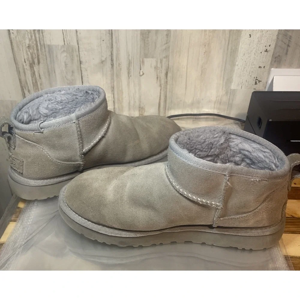 Ugg Classic Ultra Mini  Ankle Boot Grey Suede Women's Size 8 Warm, And Comfy